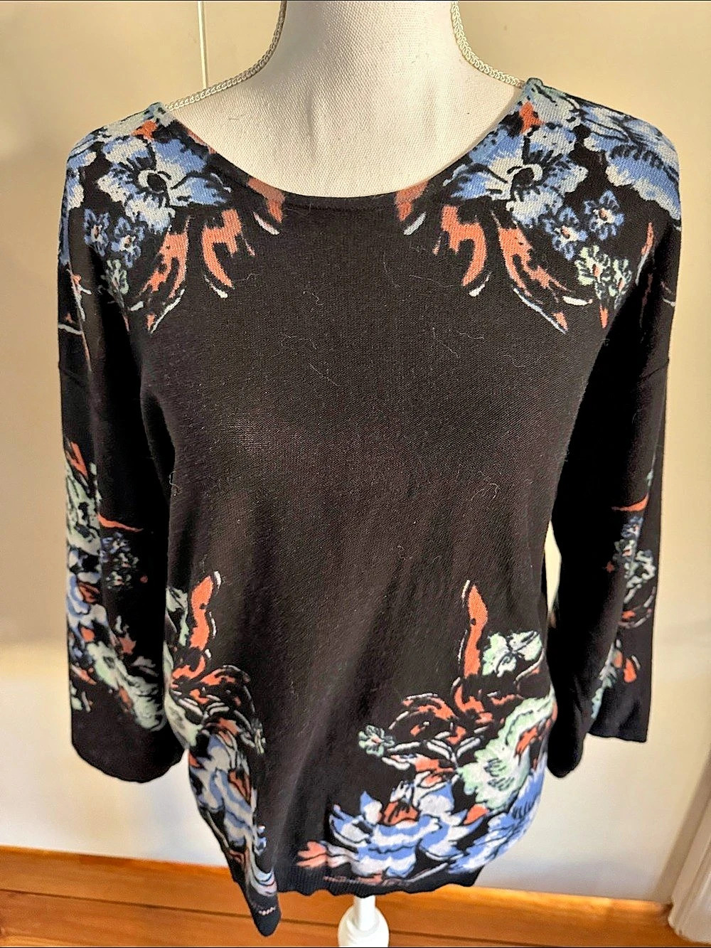 Tracy Reese Floral Long Sleeve Sweater in Black & Blue Size Medium